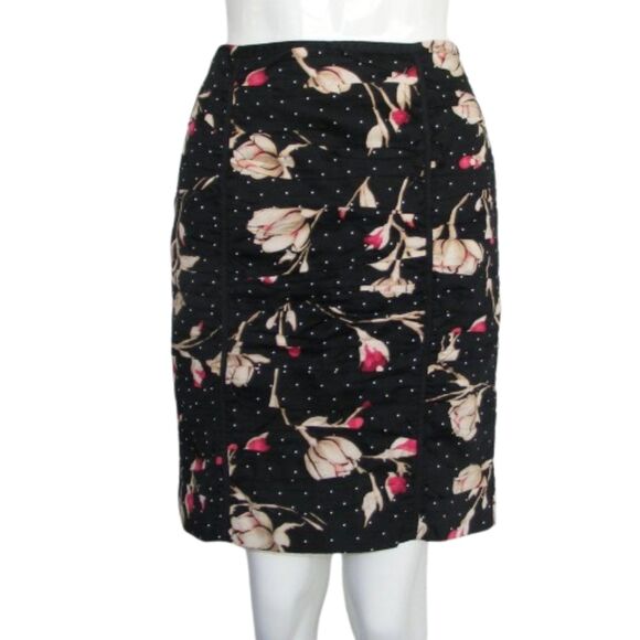 White House Black Market Dresses & Skirts - WHBM Skirt, 8, Black/Tan & Pink Floral/White Polka Dots, Ruched, Romantic,wiggle